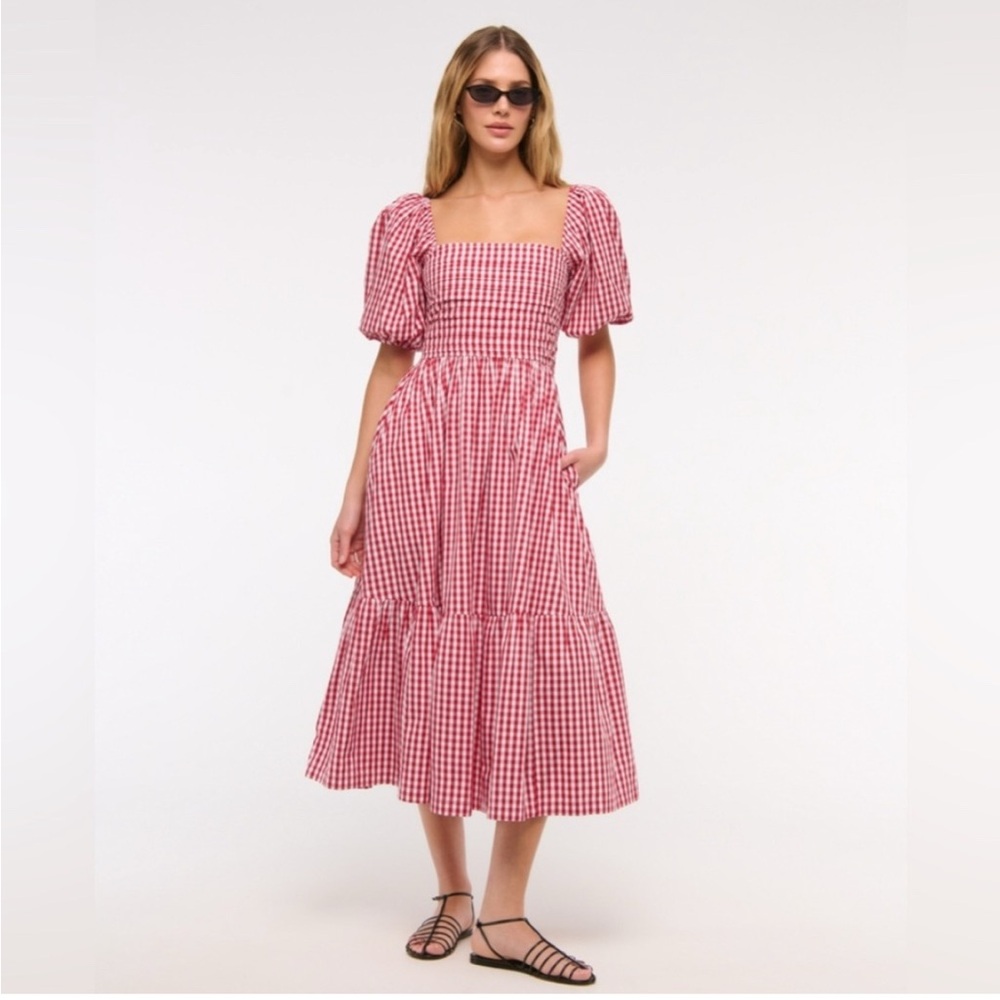 NEW Abercrombie and Fitch Emerson Gingham Puff Sleeve Midi Dress Size XL